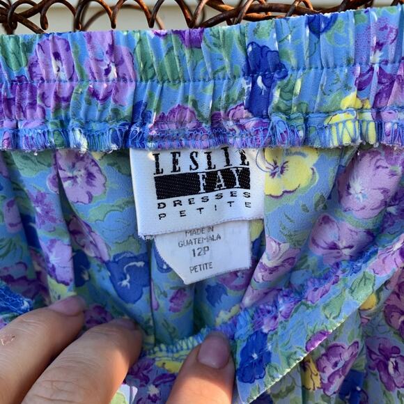 Vintage 90s Leslie Faye blue purple pansy floral pleated skirt & blouse set 12P - Picture 3 of 7